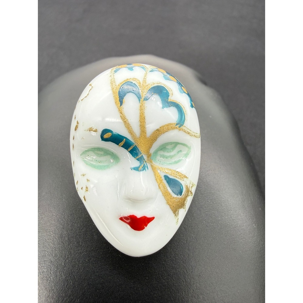 Vintage Ceramic Venetian Masquerade Mask Brooch Hand Painted White Gold Blue